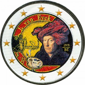 2 euro 2020 Belgium, Jan van Eyck (colorized) price, composition, diameter, thickness, mintage, orientation, video, authenticity, weight, Description