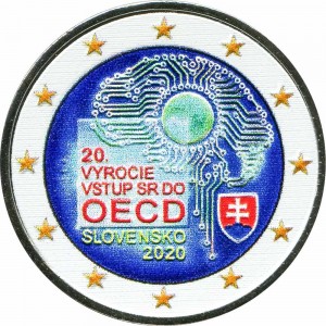 2 euro 2020 Slovakia 20 years of joining the OECD (colorized) price, composition, diameter, thickness, mintage, orientation, video, authenticity, weight, Description