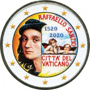2 euro 2020 Vatican, Raphael (colorized) price, composition, diameter, thickness, mintage, orientation, video, authenticity, weight, Description