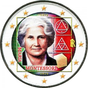 2 euro 2020 Italy, Maria Montessori (colorized) price, composition, diameter, thickness, mintage, orientation, video, authenticity, weight, Description