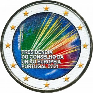 2 euro 2021 Portugal, EU Presidency (colorized) price, composition, diameter, thickness, mintage, orientation, video, authenticity, weight, Description