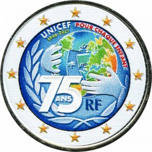 2 Euro 2021 Frankreich, 75 Jahre UNICEF (farbig) Preis, Komposition, Durchmesser, Dicke, Auflage, Gleichachsigkeit, Video, Authentizitat, Gewicht, Beschreibung