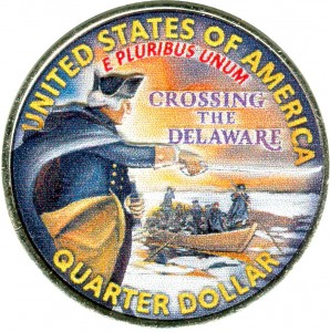 25 cents 2021 USA Crossing the Delaware (colorized) price, composition, diameter, thickness, mintage, orientation, video, authenticity, weight, Description