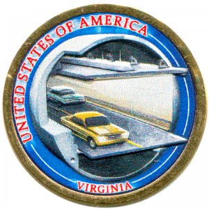 1 dollar 2021 USA, American Innovation, Virginia, Chesapeake Bay Bridge–Tunnel (colorized) price, composition, diameter, thickness, mintage, orientation, video, authenticity, weight, Description