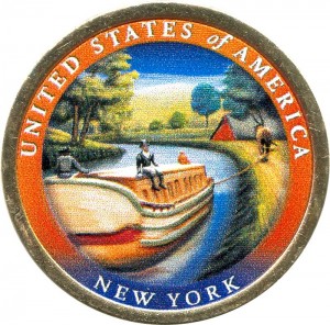 1 dollar 2021 USA, American Innovation, New York, Erie Canal (colorized) price, composition, diameter, thickness, mintage, orientation, video, authenticity, weight, Description