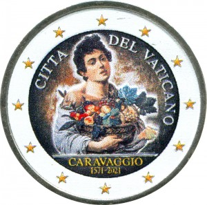2 euro 2021 Vatican, Caravaggio (colorized) price, composition, diameter, thickness, mintage, orientation, video, authenticity, weight, Description