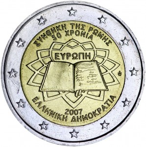2 euro 2007, Treaty of Rome, Greece price, composition, diameter, thickness, mintage, orientation, video, authenticity, weight, Description