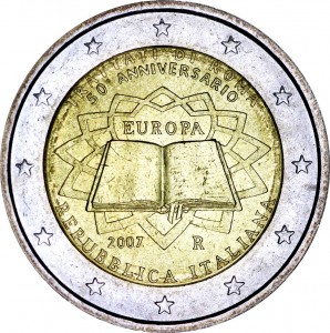 2 euro 2007, Treaty of Rome, Italy price, composition, diameter, thickness, mintage, orientation, video, authenticity, weight, Description