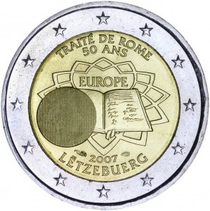 2 euro 2007, Treaty of Rome, Luxembourg price, composition, diameter, thickness, mintage, orientation, video, authenticity, weight, Description