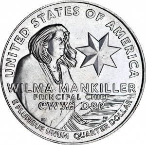 25 cents Quarter Dollar 2022 USA, American Women, Wilma Mankiller, mint mark P price, composition, diameter, thickness, mintage, orientation, video, authenticity, weight, Description