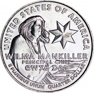 25 cents Quarter Dollar 2022 USA, American Women, Wilma Mankiller, mint mark D price, composition, diameter, thickness, mintage, orientation, video, authenticity, weight, Description