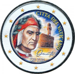 2 euro 2021 Vatican, 700th anniversary of the death of Dante Alighieri (colorized) price, composition, diameter, thickness, mintage, orientation, video, authenticity, weight, Description