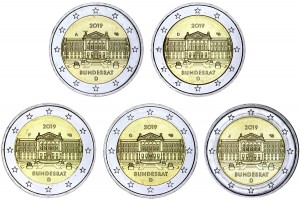 2 euro 2019 Germany Bundesrat, mint mark A D F D J complete set price, composition, diameter, thickness, mintage, orientation, video, authenticity, weight, Description