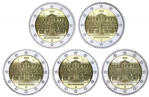 Set of 2 euro 2020 Germany Brandenburg, mint marks A D F D J, complete set price, composition, diameter, thickness, mintage, orientation, video, authenticity, weight, Description