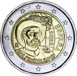 2 Euro 2022 Spain, Juan Sebastian Elcano. 500th anniversary of the first round-the-world trip price, composition, diameter, thickness, mintage, orientation, video, authenticity, weight, Description