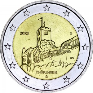 2 euro 2022 Germany, Federal State of Thuringia. Wartburg Castle, mint mark D price, composition, diameter, thickness, mintage, orientation, video, authenticity, weight, Description