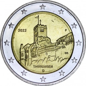 2 euro 2022 Germany, Federal State of Thuringia. Wartburg Castle, mint mark F price, composition, diameter, thickness, mintage, orientation, video, authenticity, weight, Description