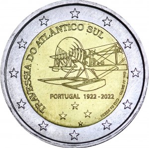 2 euro 2022 Portugal, 100th anniversary of the first South Atlantic air crossing price, composition, diameter, thickness, mintage, orientation, video, authenticity, weight, Description