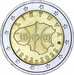 2 euro 2022 Lithuania, 100th anniversary of basketball in Lithuania price, composition, diameter, thickness, mintage, orientation, video, authenticity, weight, Description