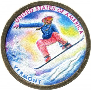  1 dollar 2022 USA, American Innovation, Vermont, snowboard (colorized) price, composition, diameter, thickness, mintage, orientation, video, authenticity, weight, Description