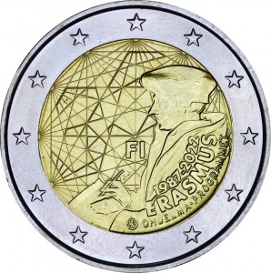 2 euro 2022 Finland, 35th anniversary of the Erasmus program price, composition, diameter, thickness, mintage, orientation, video, authenticity, weight, Description