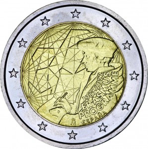 2 euro 2022 Spain, 35th anniversary of the Erasmus program price, composition, diameter, thickness, mintage, orientation, video, authenticity, weight, Description