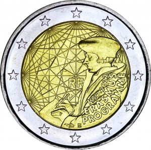 2 euro 2022 France, 35th anniversary of the Erasmus program price, composition, diameter, thickness, mintage, orientation, video, authenticity, weight, Description