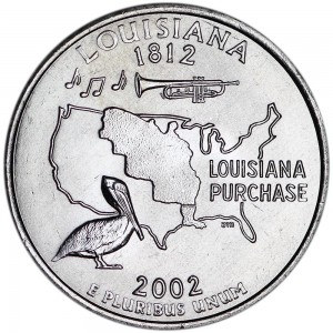 Quarter Dollar 2002 USA Louisiana mint mark D price, composition, diameter, thickness, mintage, orientation, video, authenticity, weight, Description