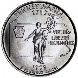 Quarter Dollar 1999 USA Pennsylvania mint mark P price, composition, diameter, thickness, mintage, orientation, video, authenticity, weight, Description