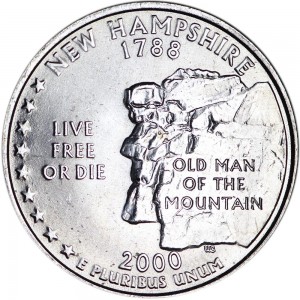 Quarter Dollar 2000 USA New Hampshire mint mark P price, composition, diameter, thickness, mintage, orientation, video, authenticity, weight, Description