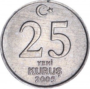 25 kurushas 2005 Turkey, from circulation price, composition, diameter, thickness, mintage, orientation, video, authenticity, weight, Description