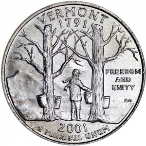 Quarter Dollar 2001 USA Vermont mint mark P price, composition, diameter, thickness, mintage, orientation, video, authenticity, weight, Description