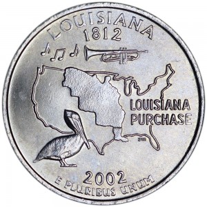 Quarter Dollar 2002 USA Louisiana mint mark P price, composition, diameter, thickness, mintage, orientation, video, authenticity, weight, Description
