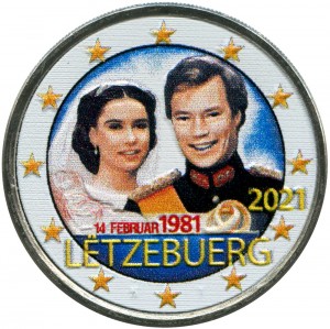 2 euro 2021 Luxembourg, 40th anniversary of the marriage of the Grand Duke (colorized), price, composition, diameter, thickness, mintage, orientation, video, authenticity, weight, Description
