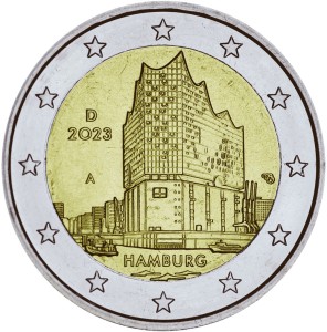 2 euro 2023 Germany Hamburg, Elbe Philharmonic mint A price, composition, diameter, thickness, mintage, orientation, video, authenticity, weight, Description