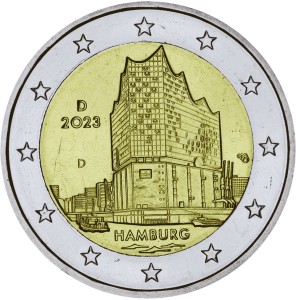 2 евро 2023 Германия Гамбург, Эльбская филармония двор D цена, стоимость