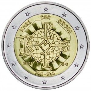 2 euro 2023 Germany,1275 years since the birth of Carolus Magnus, mint G price, composition, diameter, thickness, mintage, orientation, video, authenticity, weight, Description