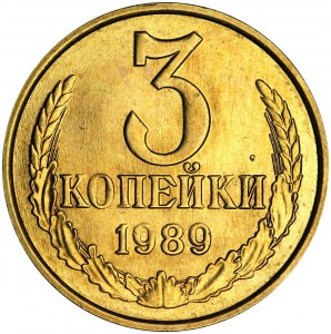 3 kopecks 1989 USSR, variety F-216 with a clearly defined Gulf of Guinea, from circulation price, composition, diameter, thickness, mintage, orientation, video, authenticity, weight, Description