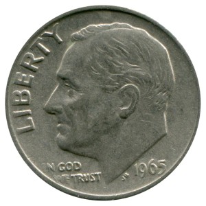 One dime 10 cents 1965 US Roosevelt, mint P price, composition, diameter, thickness, mintage, orientation, video, authenticity, weight, Description