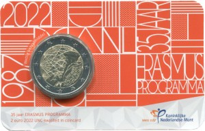 2 Euro 2022 Netherlads, 35th anniversary of the Erasmus program price, composition, diameter, thickness, mintage, orientation, video, authenticity, weight, Description