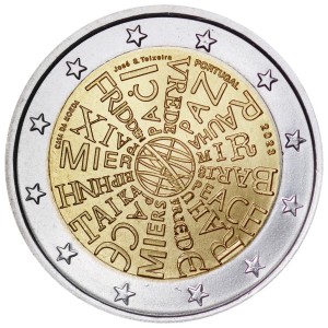 2 euro 2023 Portugal, Peace between nations price, composition, diameter, thickness, mintage, orientation, video, authenticity, weight, Description