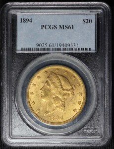 20 dollars 1894 USA Liberty Head, 1 oz gold, graded MS61, certificate PCGS, price, composition, diameter, thickness, mintage, orientation, video, authenticity, weight, Description