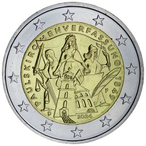 2 euro 2024 Germany 175 years of the Paulskirche Constitution, mint F price, composition, diameter, thickness, mintage, orientation, video, authenticity, weight, Description