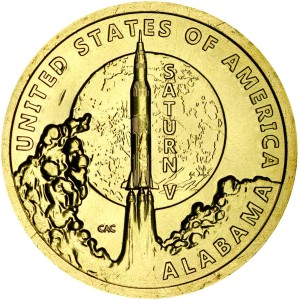1 dollar 2024 USA, Innovation, Alabama, Saturn 5, Rocket, space, mint D, price, composition, diameter, thickness, mintage, orientation, video, authenticity, weight, Description