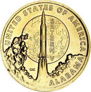 1 dollar 2024 USA, Innovation, Alabama, Saturn 5, Rocket, space, mint P, price, composition, diameter, thickness, mintage, orientation, video, authenticity, weight, Description