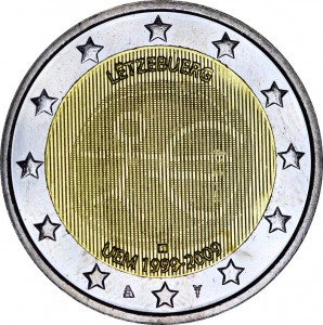 2 евро 2009, 10 лет Экономическому и валютному союзу, Люксембург цена, стоимость