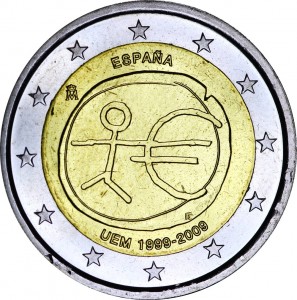 2 euro 2009, Economic and Monetary Union, Spain price, composition, diameter, thickness, mintage, orientation, video, authenticity, weight, Description