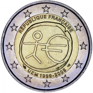 2 евро 2009, 10 лет Экономическому и валютному союзу, Франция цена, стоимость