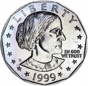 1 dollar 1999 USA Susan B. Anthony mint mark D price, composition, diameter, thickness, mintage, orientation, video, authenticity, weight, Description