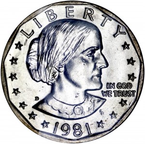 1 dollar 1981 USA Susan b. Anthony mint mark D - rare price, composition, diameter, thickness, mintage, orientation, video, authenticity, weight, Description
